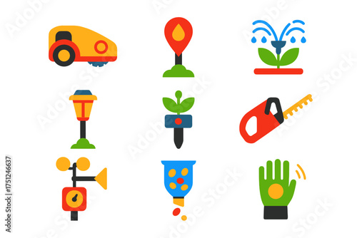 Garden Gadget Icons. Flat vector icons of lawn & garden gadgets: robotic mower, soil moisture sensor, smart sprinkler, solar