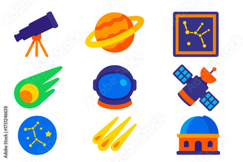 Astronomy Icons Collection. Flat vector icons of astronomy: [telescope, planet, star chart], [comet, astronaut helmet, satellite],