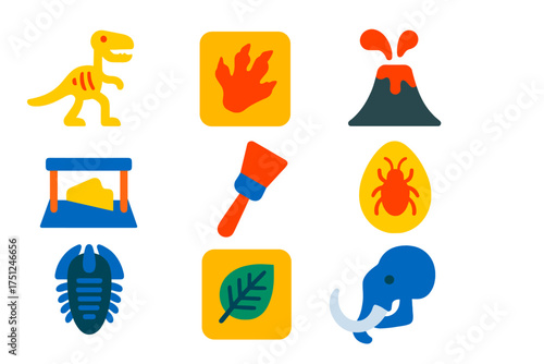 Paleontology Icon Set. Flat vector icons of paleontology: [dinosaur skeleton, fossil imprint, volcano], [excavation site,