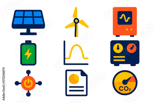 Renewable Energy Icons. Flat vector icons of renewable energy research: solar cell, wind turbine, battery pack, inverter icon,