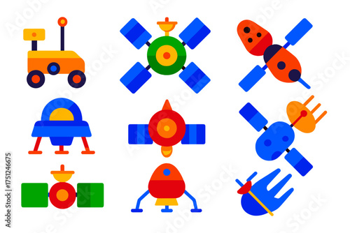 Interplanetary Mission Icons. Flat vector icons of interplanetary missions: Mars rover, Venus orbiter, Jupiter probe, Titan lander