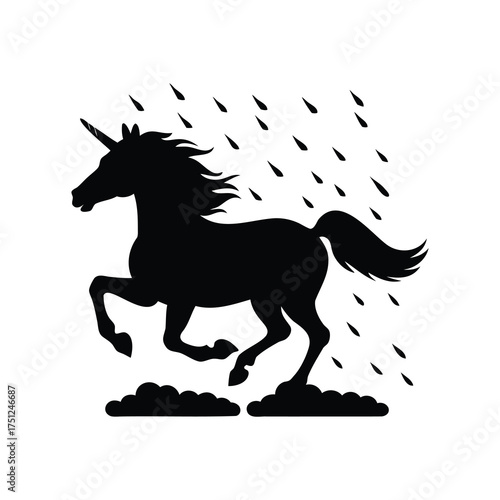 Silhouette of galloping unicorn under rain showers, standing on cloudy ground, unicorn running in the rain silhouette vector illustration