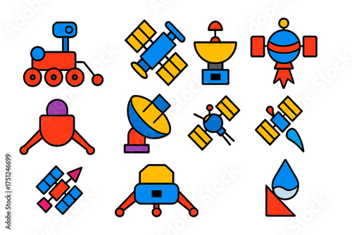 Interplanetary Mission Icons. Flat vector icons of interplanetary missions: Mars rover, Venus orbiter, Jupiter probe, Titan lander
