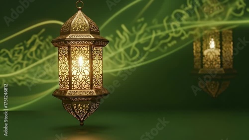 Glowing Ramadan Lanterns With Intricate Gold Patterns and Soft Green Swirling Lights Against a Dark Green Background A Festive Islamic Holiday Scene