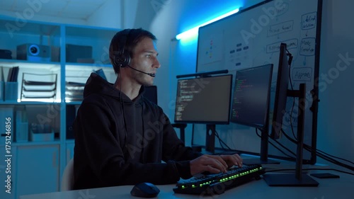 IT support specialist wearing headset assisting remote clients in dark office, representing communication, reliability, and expertise in modern digital service and technology support.
