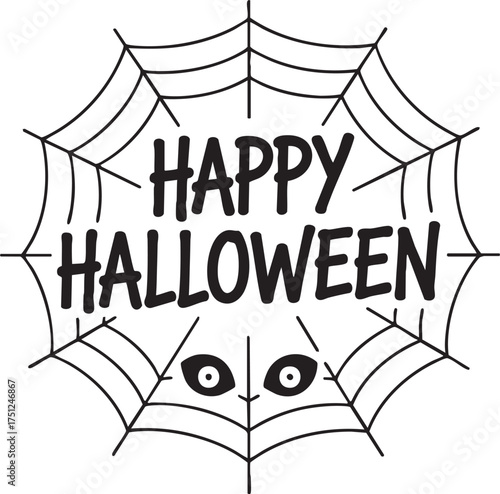 Happy Halloween spider web design with spooky eyes in black and white vector style for seasonal greeting and decor themes