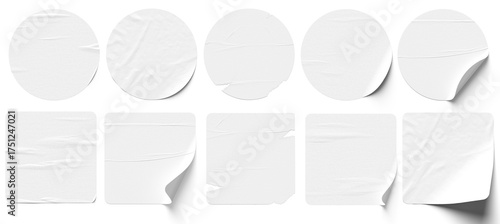 Blank Paper Sticker Set — Round and Square Adhesive Label Mockups Isolated on Transparent Background