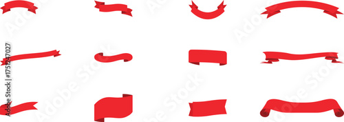 Red ribbon banner vector illustration collection. Curved and straight vintage styles