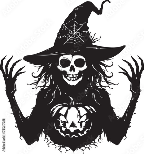 Sinister skeleton witch with jack-o'-lantern chest and spiderweb hat in black and white vector for Halloween design themes