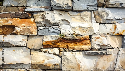 A close-up view shows a meticulously constructed wall made of irregularly shaped, varied-toned stone blocks. Patches of greenery add subtle texture