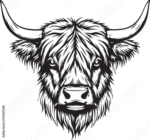 Highland cow head in black and white vector with shaggy fur and curved horns, ideal for farm, nature, and rustic design themes
