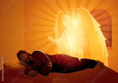 Angel Appears to Saint Joseph in a Dream, Biblical Vector Illustration, Christian Faith Artwork