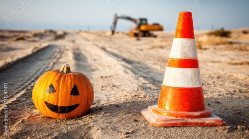 Halloween pumpkin sits beside a safety cone on a dusty construction site.
