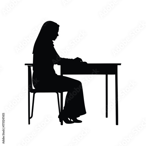 Silhouette of a woman wearing a hijab sitting at a desk, woman in hijab sitting at desk silhouette vector illustration