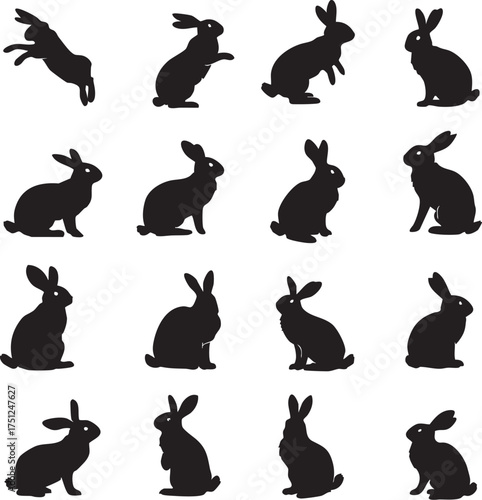 Grid of sixteen black rabbit silhouettes in dynamic poses, ideal for animal design, nature themes, and graphic illustration