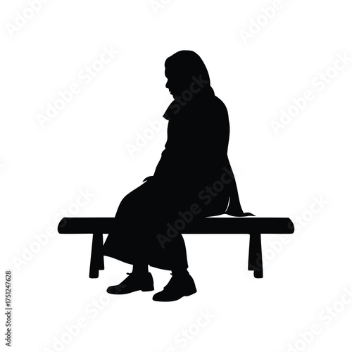Silhouette of a hooded person seated alone on a bench in contemplation, woman in hijab sitting bench silhouette vector illustration
