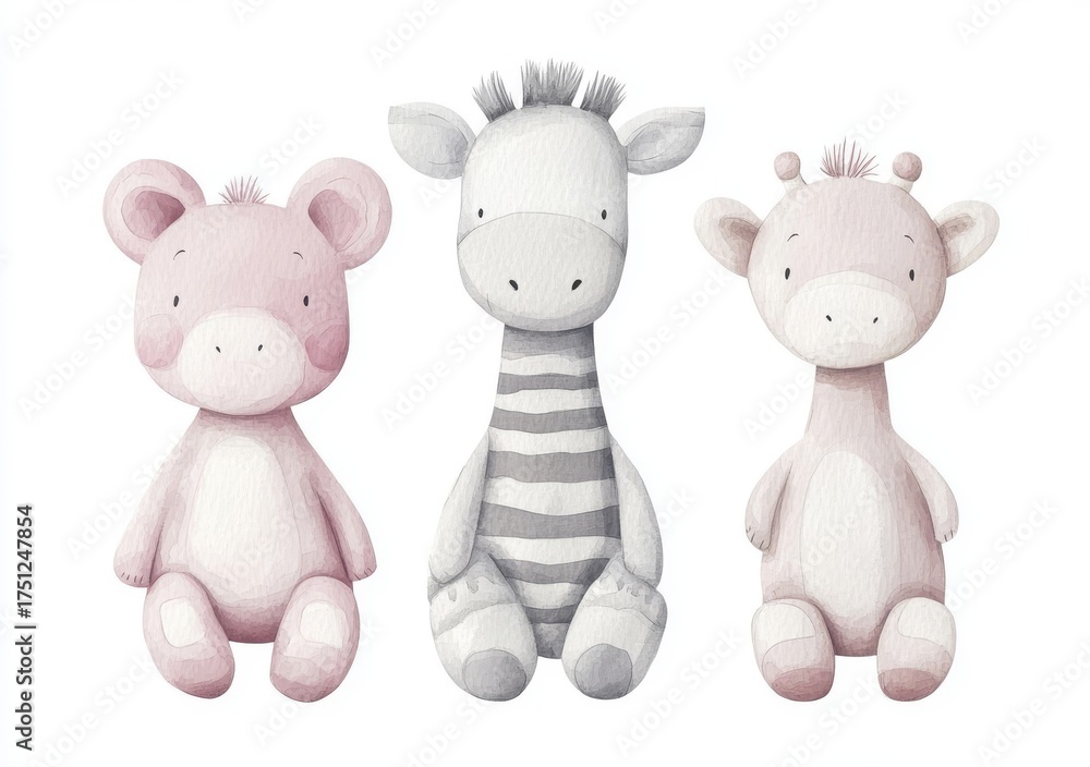 Obraz premium The collection includes watercolor illustrations of safari animals accompanied by balloons