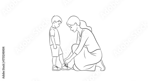 Mother tying her son's shoelaces in a nurturing line drawing