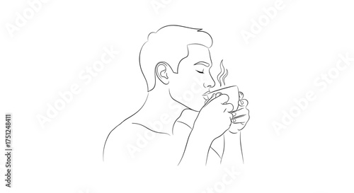 Man savoring a hot drink in a peaceful line drawing
