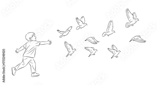 Child running joyfully while chasing birds in a whimsical line drawing
