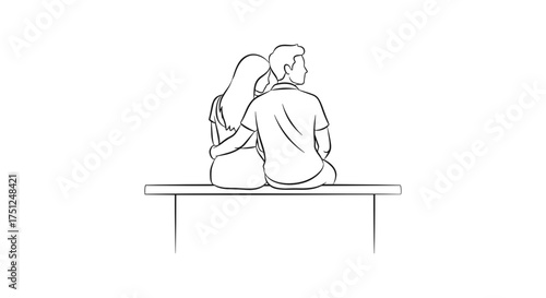 Couple sitting closely together on a bench in a romantic line drawing