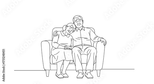 Elderly couple sitting together on a couch in a loving line drawing