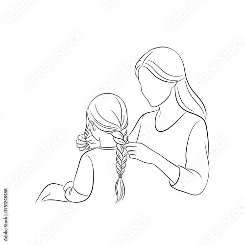 Mother braiding her daughter's hair in a tender line drawing