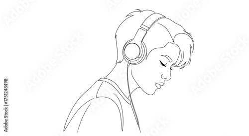 Teenager wearing headphones and listening to music in a simple line drawing