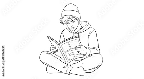 Young man sitting cross-legged reading a magazine in a casual line drawing