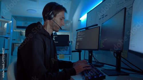 IT support specialist wearing headset assisting remote clients in dark office, representing communication, reliability, and expertise in modern digital service and technology support.
