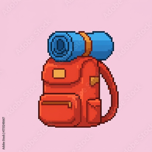 A pixel art illustration of a camping backpack with a sleeping bag strapped to the top. The object is drawn in an 8-bit or 16-bit game style and has a white outline.