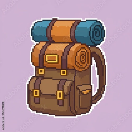 A pixel art illustration of a camping backpack with a sleeping bag strapped to the top. The object is drawn in an 8-bit or 16-bit game style and has a white outline.