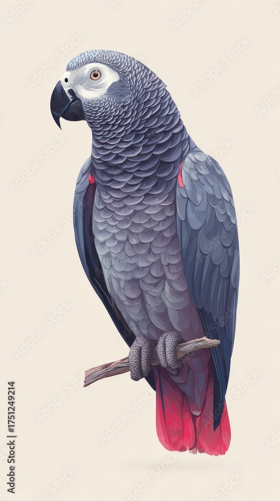 Obraz premium Elegant African Grey Parrot Perched on a Branch, Detailed Illustration.