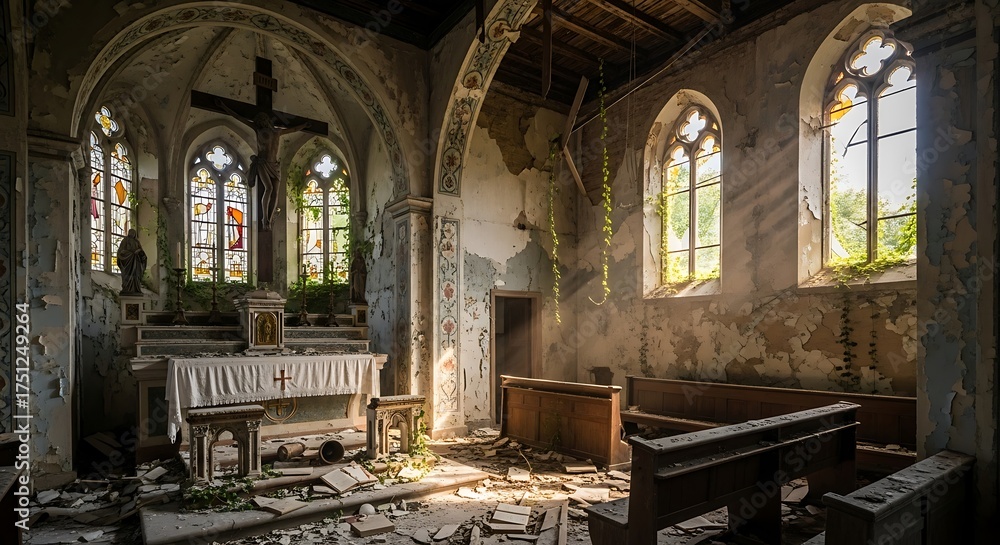 Fototapeta premium Abandoned Church Interior with Sunlight and Gothic Windows.