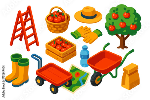Apple Picking Essentials. Isometric vector illustration set Apple Picking Day: ladder, basket of apples, orchard tree, sun hat,