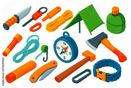 Outdoor Survival Gear. Isometric vector illustration set Outdoor Survival: survival knife, fire starter, emergency whistle, rope,