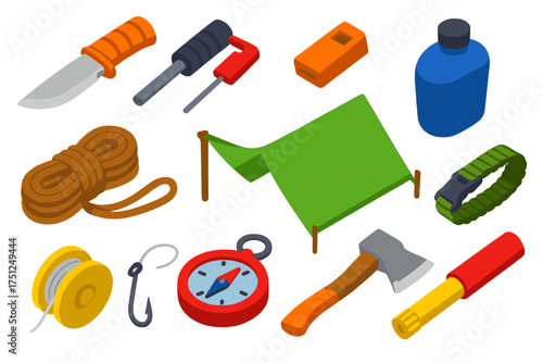 Outdoor Survival Gear. Isometric vector illustration set Outdoor Survival: survival knife, fire starter, emergency whistle, rope,