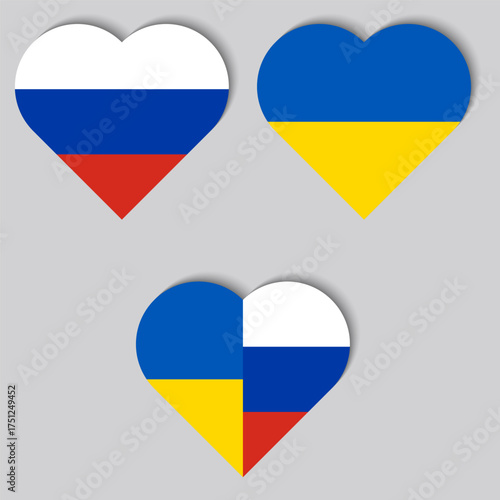Icons Against the War. Illustration with flags of two countries in the shape of hearts, Russia and Ukraine.Vector