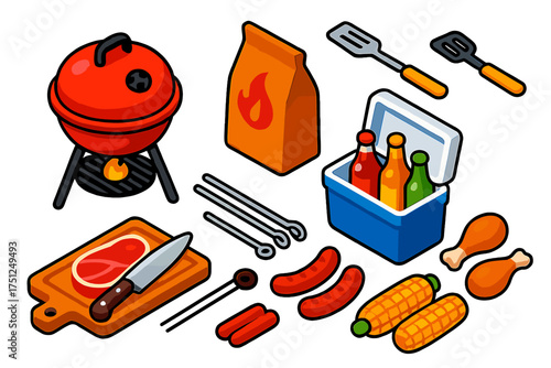 BBQ Essentials Icons. Isometric vector illustration set BBQ Essentials: portable grill, charcoal bag, tongs, spatula, cutting