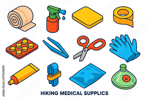 Hiking Medical Kit Essentials. Isometric vector illustration set Hiking Medical Supplies: bandage wrap, antiseptic spray, gauze