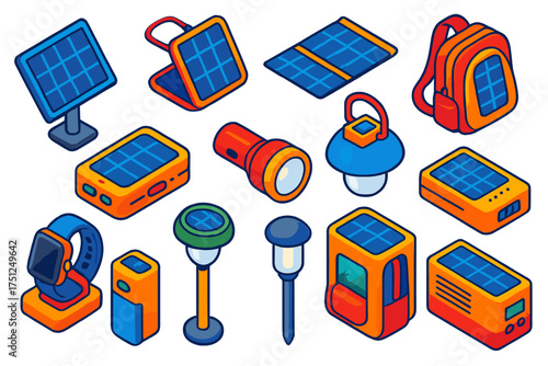 Solar Devices Collection. Isometric vector illustration set Solar Power Devices: solar panel, portable solar charger, foldable