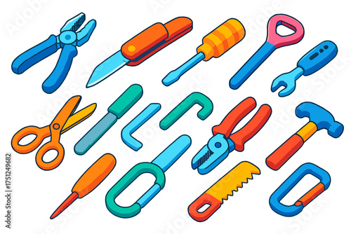 Bold Everyday Carry Tools. Isometric vector illustration set Everyday Carry Tools: pocket pliers, blade knife, screwdriver, bottle