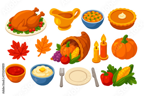 Thanksgiving Feast Icons. Isometric vector illustration set Thanksgiving Table Set: roasted turkey, gravy boat, stuffing, pumpkin