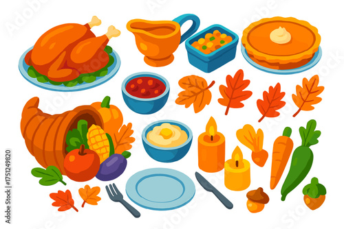 Thanksgiving Feast Icons. Isometric vector illustration set Thanksgiving Table Set: roasted turkey, gravy boat, stuffing, pumpkin