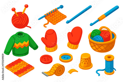 Colorful Knitting Tools. Isometric vector illustration set Handmade Knitting Set: yarn ball, knitting needles, scarf, crochet hook