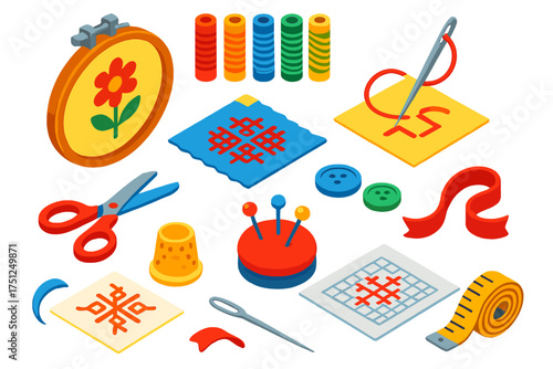 Vibrant Stitching Tools. Isometric vector illustration set Stitching Craft Set: embroidery hoop, colorful thread, needle, fabric,