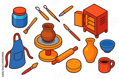 Colorful Pottery Workshop Icons. Isometric vector illustration set Pottery Workshop: clay pot, pottery wheel, glaze jar, sculpting