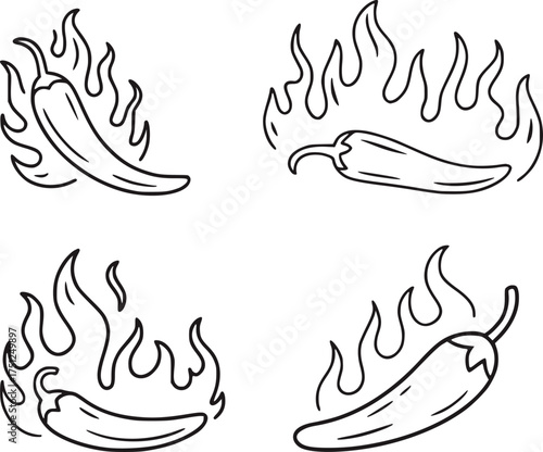 Black and white chili peppers on fire line art illustrations flame spicy