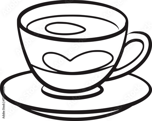 Black and white line drawing of a heart decorated coffee cup and saucer vector