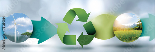 Green recycling symbol surrounded by circular images of wind turbines and lush landscapes, illustrating sustainability and environmental awareness in a modern design concept